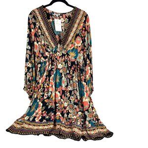 Nostalgia Long Sleeve V-Neck Baby Doll Boho Dress Black Floral Sz M NWT